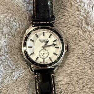 Coach Silver-Tone Watch with White Dial and Black Patent Strap